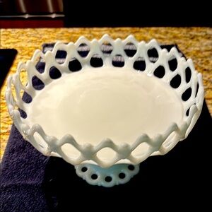 Vintage White Milk Glass Doric Lace Pedestal Compote Fruit Bowl